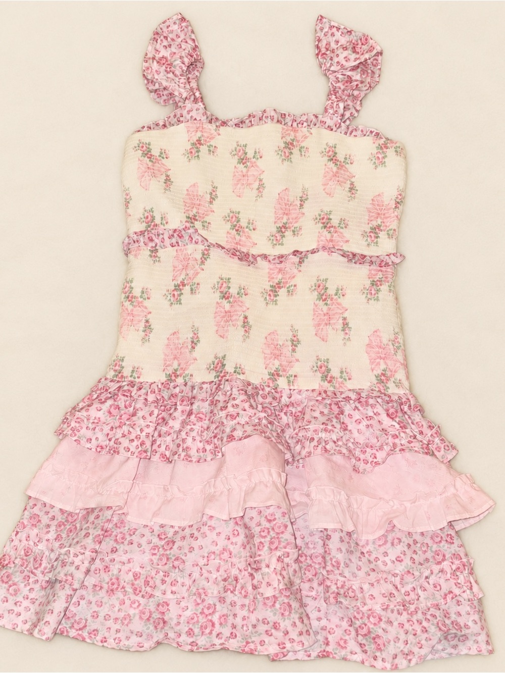 LoveShackFancy Pink and Cream Floral Ruffle Dress